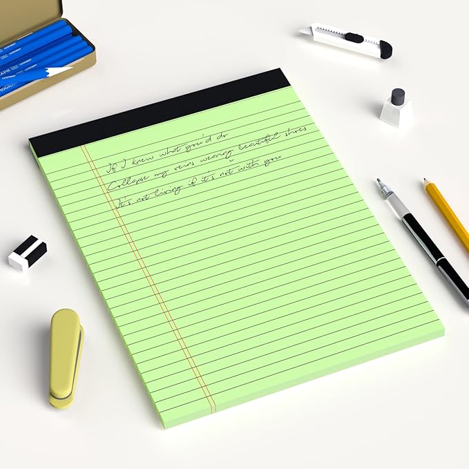 Green Legal Pad Note Pads 8.5 x 11 inch, Wide Ruled Clear Print Writing Pads 30 Sheets/Pad, 20lb Colored Paper, Perforated Notepad with Sturdy Back (3 Pads Green)