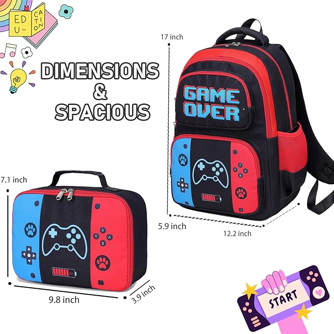 Kids Backpack Boys Gamer Backpack with Lunch Box Kindergarten Elementary Middle School Travel Sport Gaming Bookbag for Boys Girls Ages 4-14, Gamer Blue Red