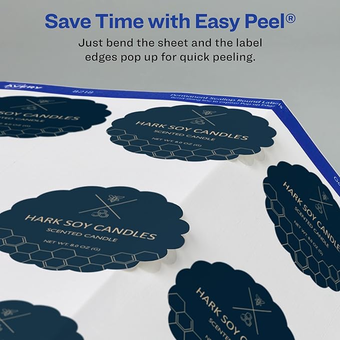 Avery Scallop 2.5 Inch Round Labels with Sure Feed for Laser & Inkjet Printers, 90 White Labels (8218)