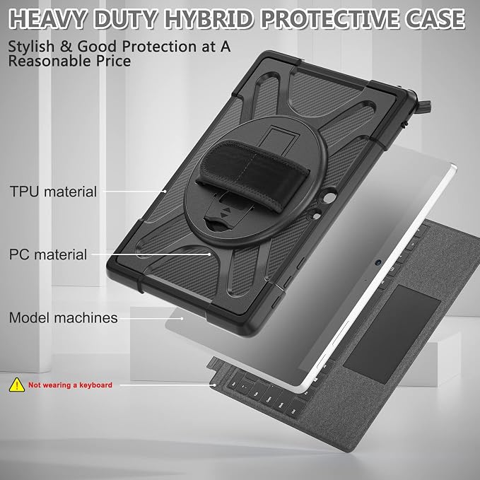 Junfire Protective Case for Microsoft Surface Go 4/3/2/1 | 360° Rotating Stand Hand Strap Shoulder Strap Pencil Holder Heavy Duty Shockproof Black