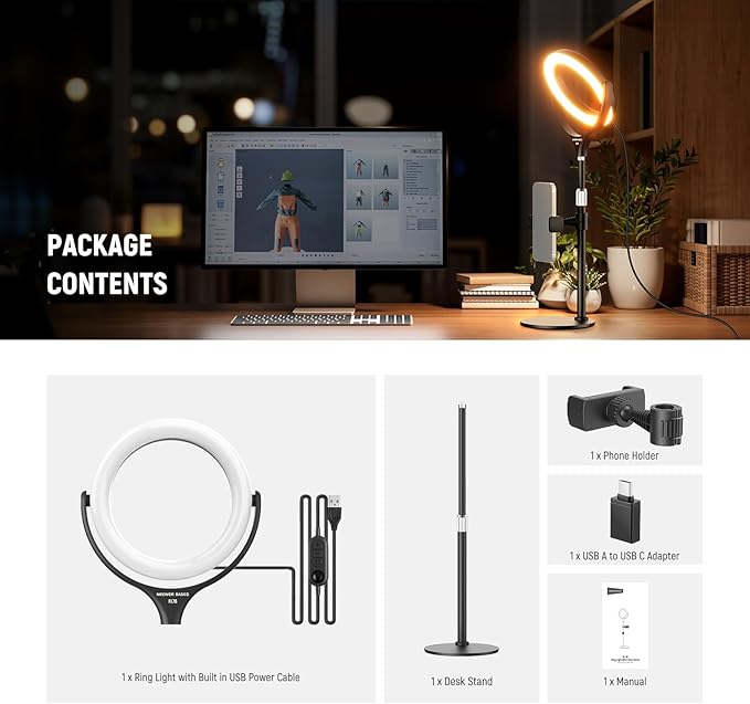 NEEWER Basics 7" Desk Ring Light with Stand/Phone Holder Compatible with iPhone, 10W CRI95+ Bi Color LED Selfie Light for TikTok Recording Laptop Webcam Zoom Video Conference Lighting Makeup, RL7B
