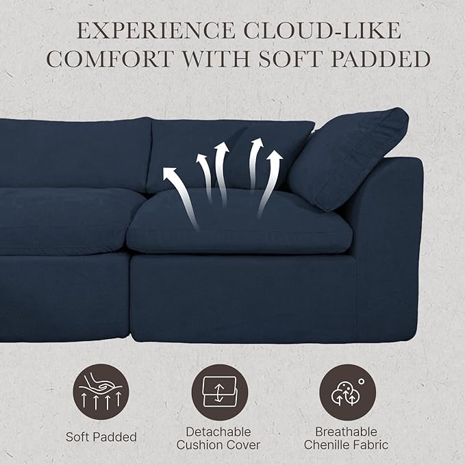 Cloud Modular Sectional Sofa Couch,110” L Sofa with Wide Armrest, Modern High-Density Sponge Compressed Sofa Couch for Living Room, Bedroom,No Assembly Needed (Blue, 3 Seats+1 Ottoman)