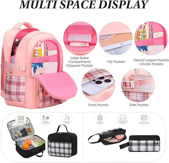3PCS Girls Backpack Set for School - Cute Kids Bookbag with Lunch Box & Pencil Case, Stylish Backpack Combo for Girls Preschool Elementary Middle High School Students Teens Black