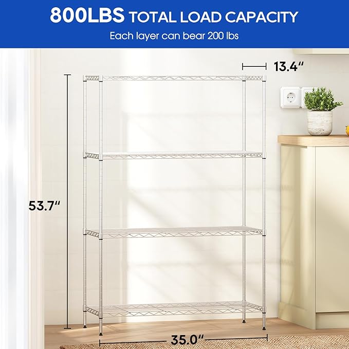 4-Tier Storage Shelves 35.4" L x 13.3" W x 53.7" H Metal Garage Shelves Standing Storage Shelf Adjustable Layer Racks with Steel Frame, Suitable for Kitchen, Garage or Commercial Use (Chrome)