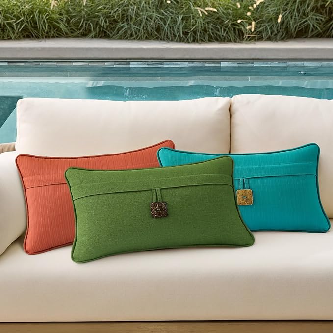 Outdoor Decorative Pillows with Coconut Button Pack of 4, 20" x 12" Outdoor Pillow Set for Couch Bed Throw Patio Sofa, Peacock Blue