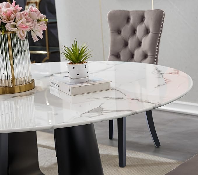 5-Piece Faux Marble Round Dining Table Set for 4, Modern Luxury Kitchen Table Set for 4 with Beige Tufted Chairs,Circle Dining Tables with White Marble Grain Top and Black Pedestal Base