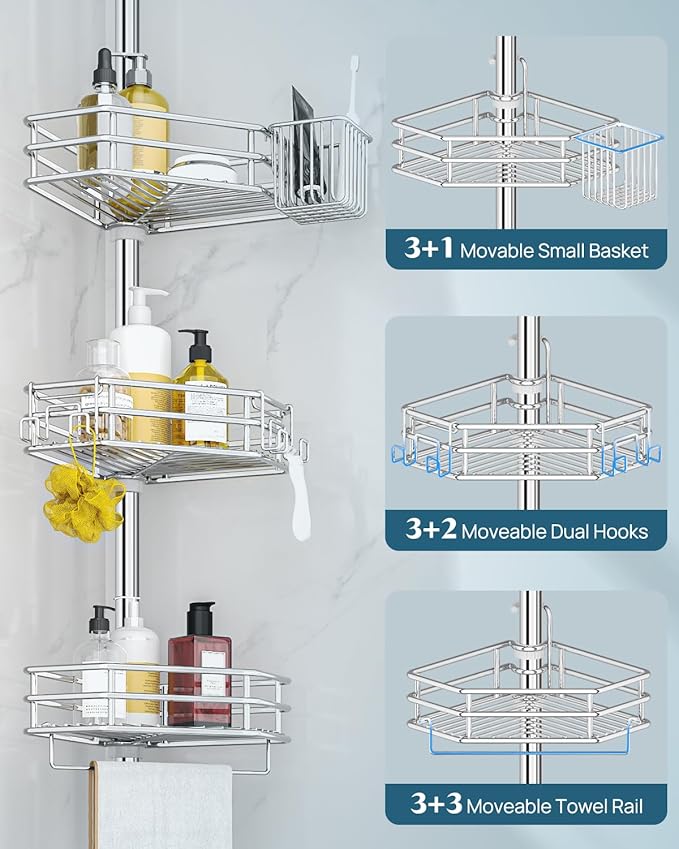 SEIRIONE Corner Shower Caddy Tension Pole, Quick Setup, Rust-Free Bathroom Shower Organizer Corner for Bathtub Shampoo Storage, 4-Tier Adjustable Shelf, Drill Free, Fits 34 to 116 Inch Height, Silver