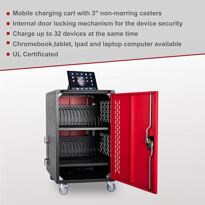 Thetilsy 32 Device Mobile Charging Station for Laptops/Tablets/iPads/Chromebooks,32 Bay Lockable Charging Cabinet with Power Strip for Classroom,School Charging Carts with Casters