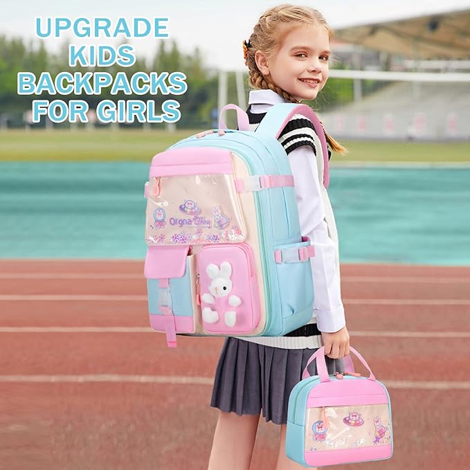 Girls Backpack Set, 3PCS Kids Backpack for Girls, Kawaii Bunny School Backpacks for Girl Kindergarten Elementary Preschool Middle School Bags with Lunch Box Pencil Case Aquamarine