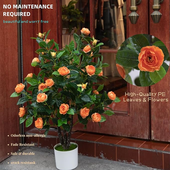Artificial Camellia Tree 35in Faux Floral Plant with Orange Flowers and Green Leaves - No Maintenance Indoor Outdoor Office Home Porch Decor Housewarming Gift(1 Pack - Orange)