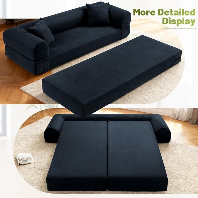 80" Convertible Sofa Bed,Folding Pull Out Couch with Pillows & Storage Pocket,Modular Corduroy Queen Sleeper Sofa in a Box,No Assembly Boneless Couch for Living Room,Deep Blue