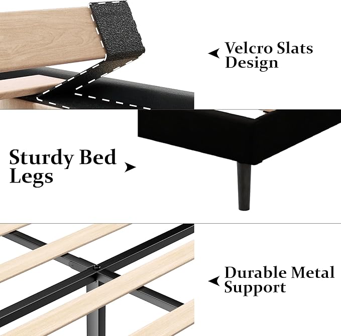 King Size Bed Frame with Wingback Headboard, Upholstered Platform Bed, No Box Spring Needed, Sturdy Wooden Slat Support, Easy Assembly, Black