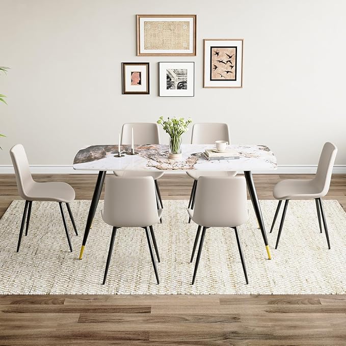 7 Piece Modern Dining Set, 62'' Sintered Stone Dinner Table for 6, Easy to Assemble