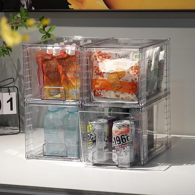 4Pack Large Stackable Storage Drawers,Clear Acrylic Organizers with Handle,Easily Assemble for Kitchen Undersink,Bathroom,Cabinet,Makeup,Closet,Medicine,Pantry Organization Bins
