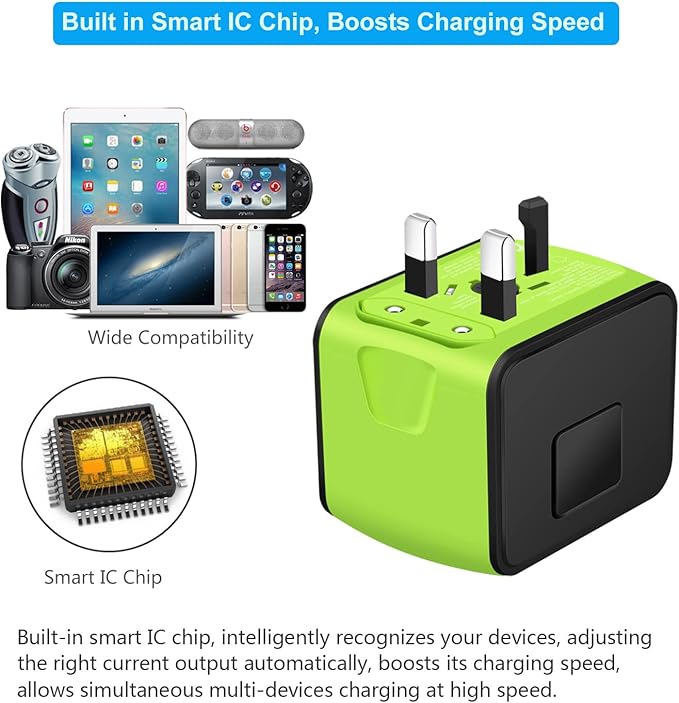 Travel Adapter Worldwide, Universal International Power Plug Adapter W/2.4A 2xUSB-A and 3.0A 2xType-C Wall Charger, European Travel Plug Adapter for Europe UK EU US CA AU Italy Asia-Green