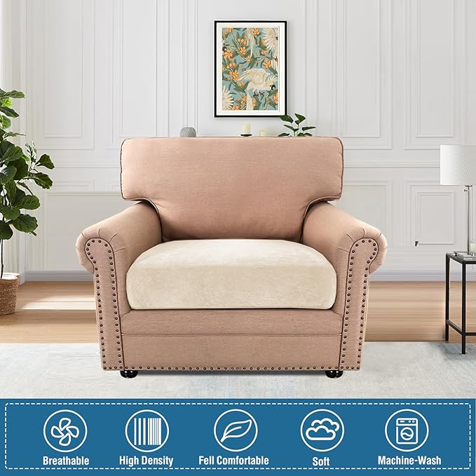 H.VERSAILTEX Chenille Couch Cover High Stretch Armchair Cover Thick Soft Chair Cushion Covers All Seasons Universal Sofa Cover Stretch for Sectional Slipcovers(1 Seater Armchair Cushion Cover,Beige)