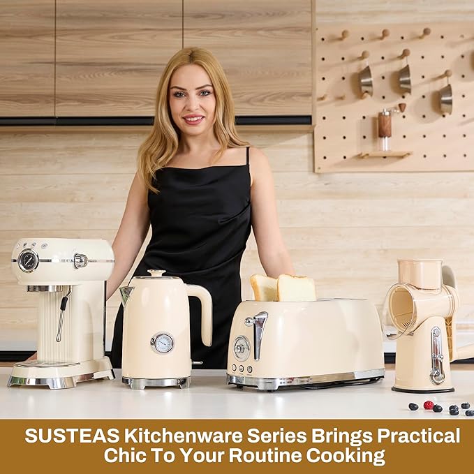 SUSTEAS Toaster 4 Slice Wide Slot, Stainless Steel Bread Bagel Toasters, Retro Long Slot Tostadora for Defrost, Reheat, Removable Crumb Tray, 1500W, 6 Browning Settings, Beige