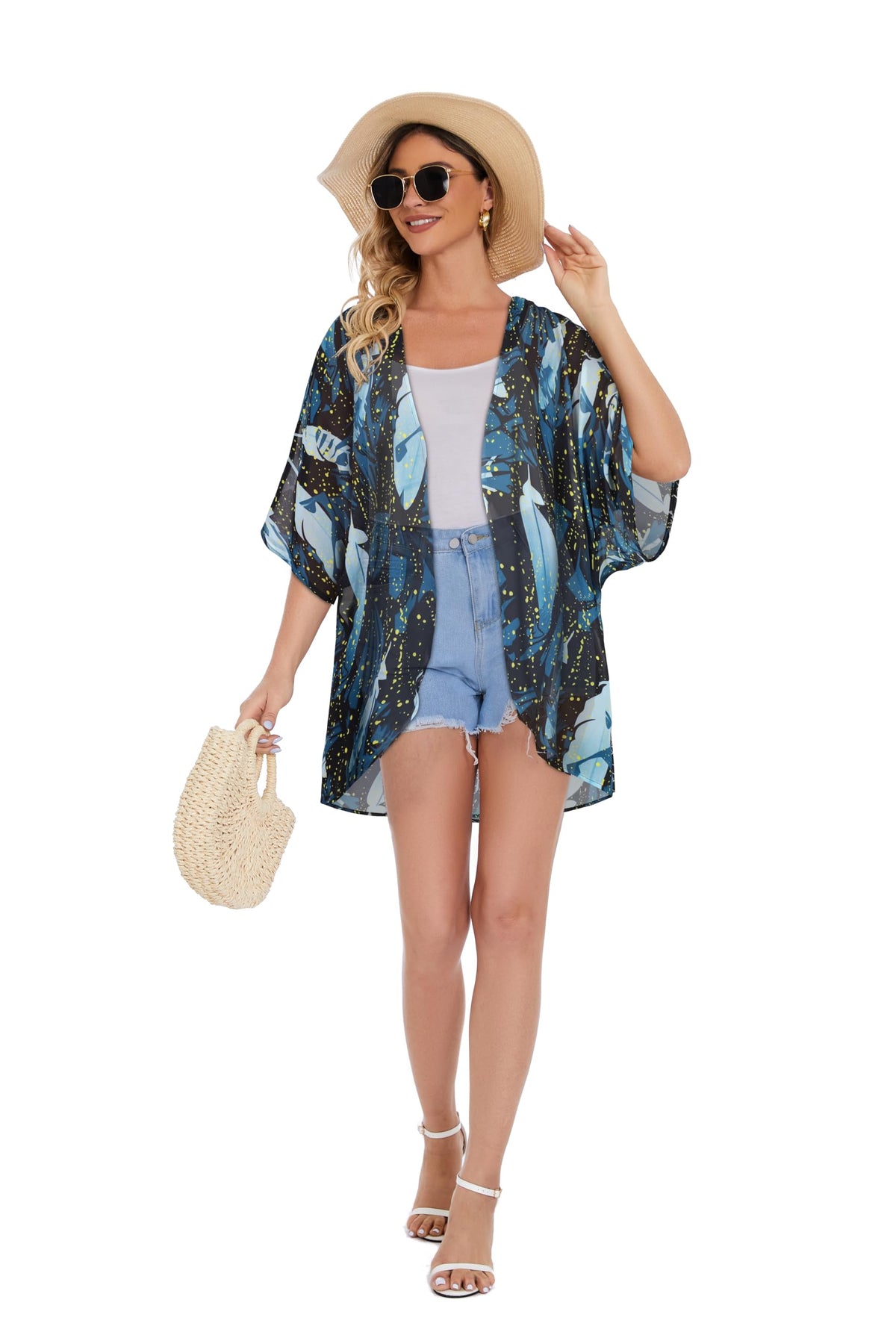 Womens Casual Coverup Summer Kimono Cardigan Hawaiian Shirts Loose Blouse Duster (Firefly Blue Print,2XL)