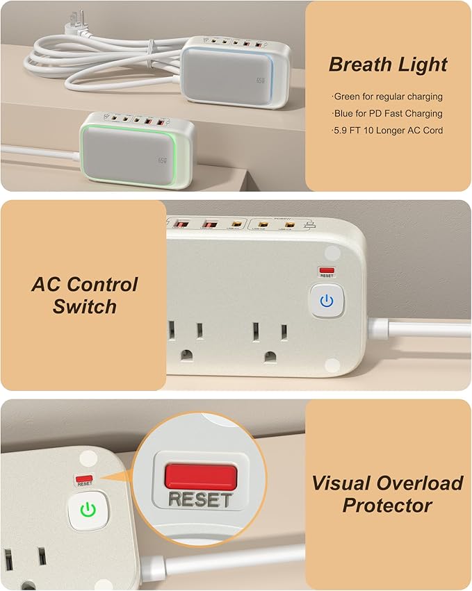 KWRNVO Power Strip with USB Ports 175W GaN 7-in-1 USB C Charging Station Type C & USB A Ports with AC Outlets 2500W for Multi Devices for Phone/Laptop/Home Appliances