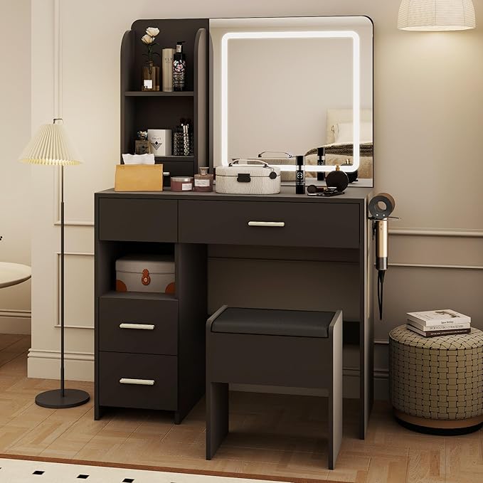Vanity Desk with Mirror and Lights, 3 Adjustable Lighting Makeup Vanity Desk with 3 Storage Shelves, 5 Large Drawers and Power Outlet, Black Vanity with Chair for Bedroom