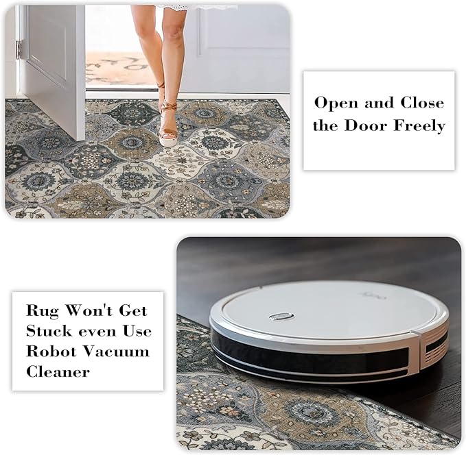 Lahome Moroccan Trellis Washable Round Rugs, Non-Slip Soft Round Rug 4ft Ultra-Thin, Small Vintage Circle Carpet for Entryway Kitchen Bedroom Nursery Bathroom, Grey