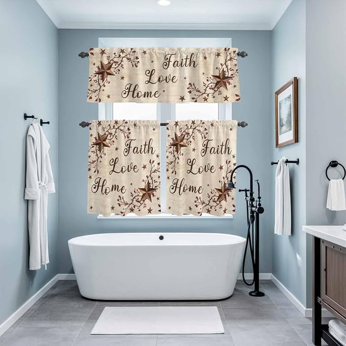 Kitchen Curtains Tiers and Valance Set of 3, Retro Country Stars Rustic