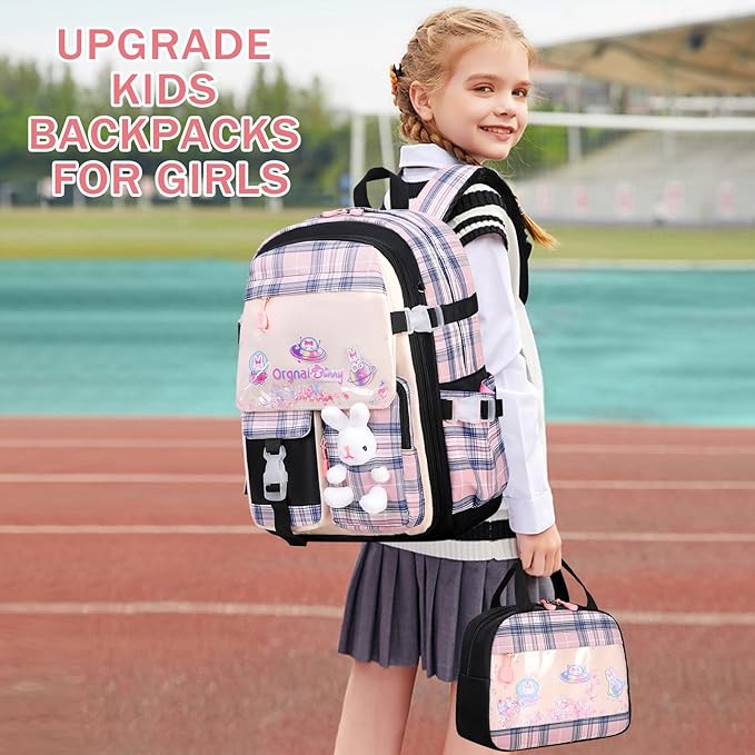 Girls Backpack Set, 3PCS Kids Backpacks for Girl, Kawaii Bunny School Backpack for Girls Kindergarten Elementary Preschool Middle School Bags with Lunch Box Pencil Case Blackpink-Plaid