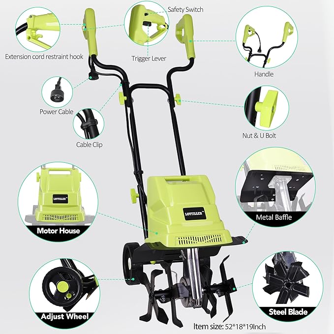 12 Inch Small Electric Corded Garden Tiller Cultivator 13.5 AMP Power Rototiller for Gardening with Adjustable Wheels