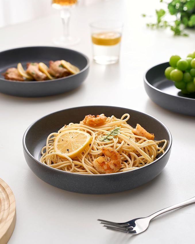 famiware Milkyway Pasta Bowls Set of 4, 8.5" Large Salad Bowls, Double Reactive Glaze, Stackable, Ideal for Housewarming, Festivals, Matte Dark Charcoal
