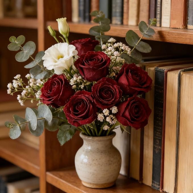 Kimura's Cabin 12pcs Fall Faux Roses Flowers with Stem Vintage Artificial Silk Rose Bouquet Realistic Fake Roses Dried Flower for Valentines Home Centerpiece Wedding Party DIY Decoration (Dark Red)