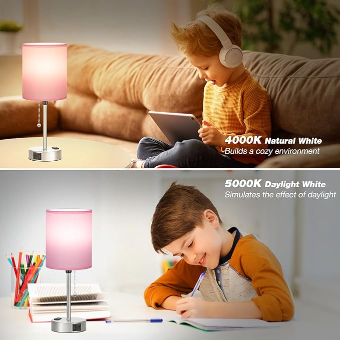 Pink Bedroom Lamp for Bedside - 3 Color Temperatures Desk Lamp with USB C and A Ports, Pull Chain Table Lamp with AC Outlet, Nightstand Lamp with Silver Metal Base for Kids Girls