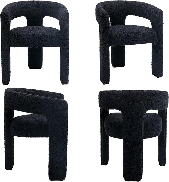 Modern Sherpa Dining Chairs Set of 8, Upholstered Barrel Chairs with Arms Comfy Accent Side Chairs for Living Room/Dining Room/Reception, Black