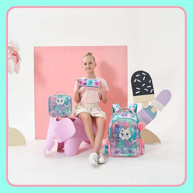 School Backpack for Girls 8-12 Backpacks for Girls Backpack with Lunch Box Kids Bookbag for School Aesthetic Backpacks for Elementary Middle Pink Schoolbag for Girl