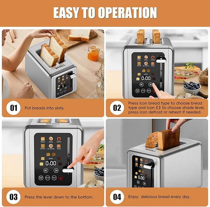 WHALL Touch Screen Toaster 2 Slice,Smart Digital Toaster with 1.5" Wide Slots,6 Shade Settings & 6 Bread Types,Memory Function,Countdown Timer,Brushed Stainless,Ideal Kitchen Gift & Essential