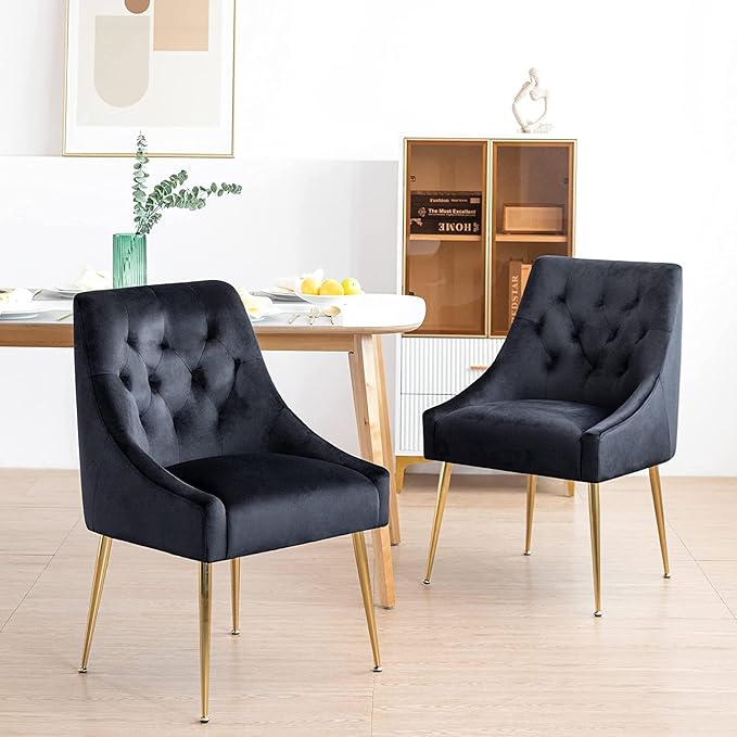 Modern Dining Chair Set of 4, Mid-Century Room Chair, Upholstered Comfortable Velvet with Back Pull Rod and Metal Legs for Kitchen, Dining, Living (Black), (DYXSD)