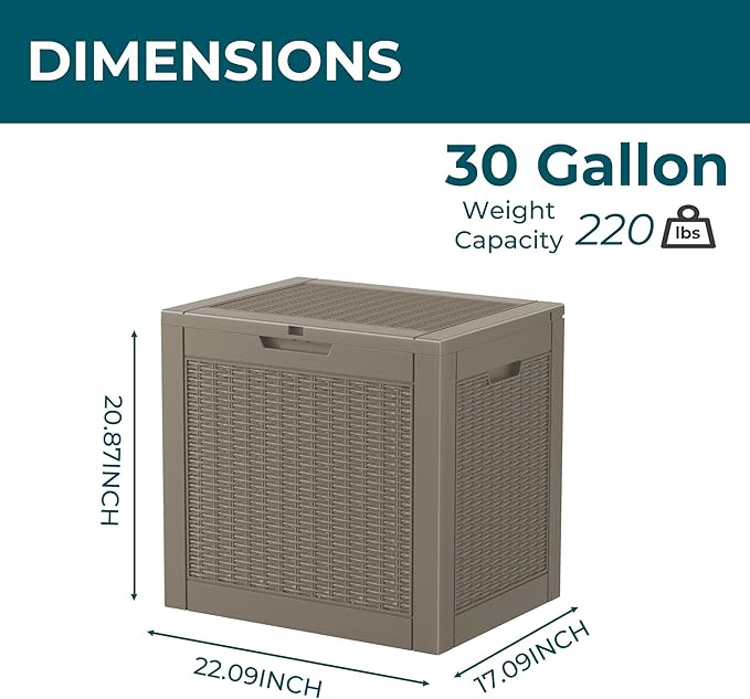 31 Gallon Outdoor Storage Box, Waterproof Resin Deck Box with Lockable Lid for Patio Furniture, Pool Accessories, Garden Tools (Brown)