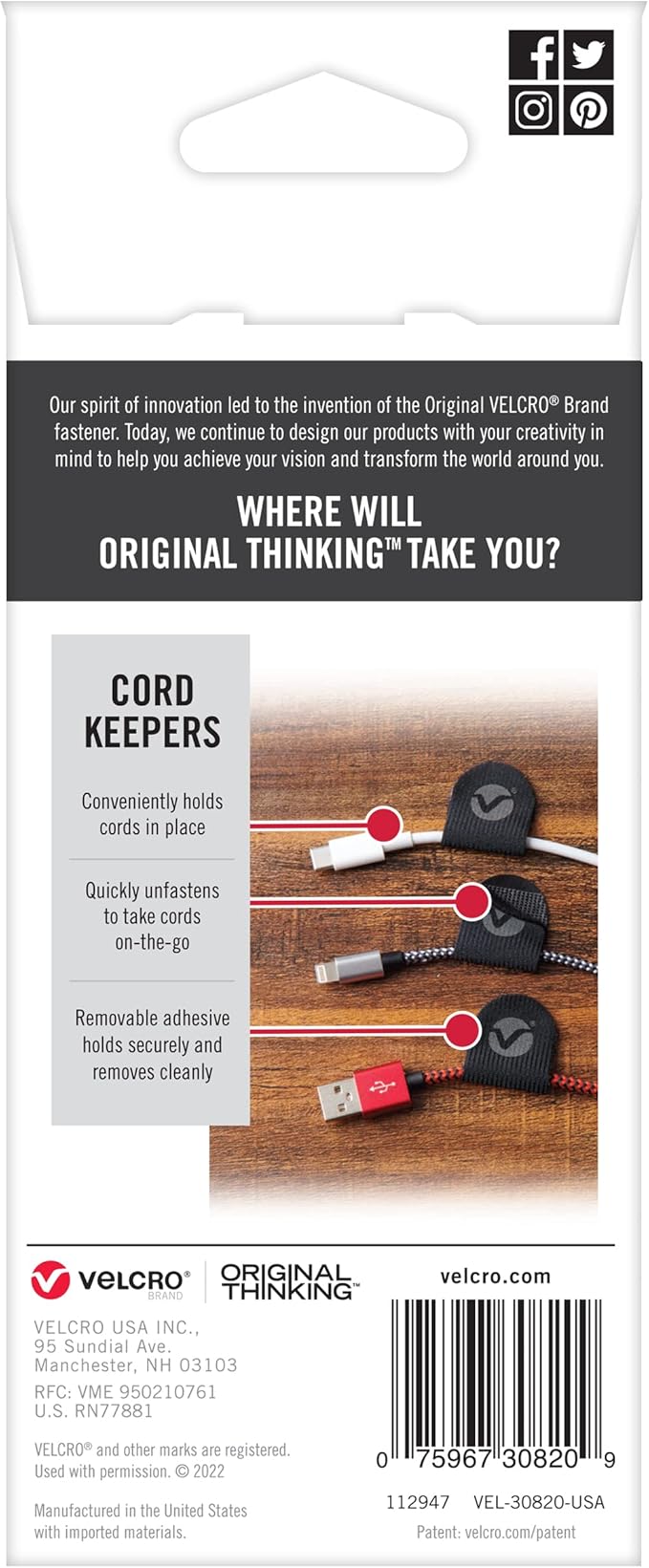 VELCRO Brand Cord Keepers | Charging Cord Organizer, Cord Holder for Nightstand, Desk | Removable Adhesive Backing | Soft Nylon Cable Clips | 5pk, Black