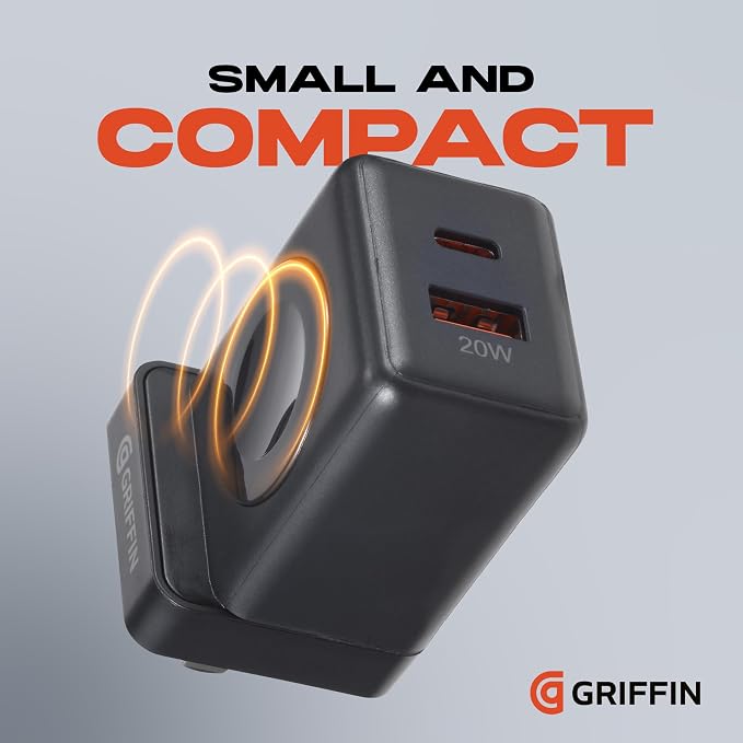 Griffin 20W Dual Port Wireless Smartwatch Wall Charger Compact USB-C & USB-A Fast USB Charger with 2.5W Smart Watch Wireless Charging & Foldable Plug