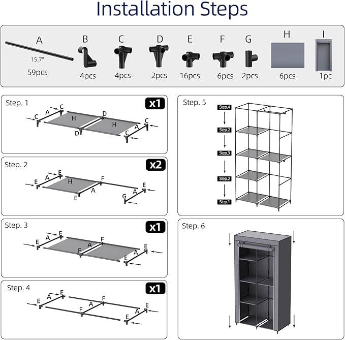 Portable Closet, Wardrobe Closet with 6 Storage Shelves and 2 Hanging Rods, Non-Woven Fabric Cover, 34.6 x 17.7 x 66.1 Inches Closet Organizer for Bedroom, Gray