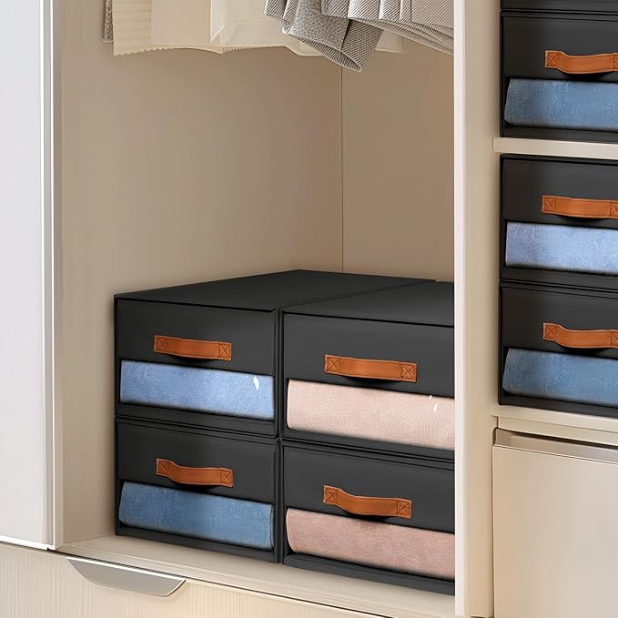 DIMJ Closet Organizers and Storage - Foldable Storage Bins with Drawers Fabric Stackable Storage Drawers with Clear Window,Fabric Clothes Organizers and Storage Drawers for Closet, 4-Pack, Black
