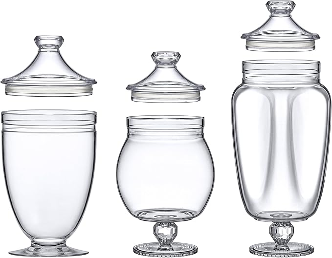 Amazing Abby - Admire - Plastic Apothecary Jars (3-Piece Set, 60/46/40 oz) (NOT Glass), Acrylic Jars with Lids, Bathroom Canisters, Candy Buffet, Wedding Display, BPA-Free and Shatter-Proof