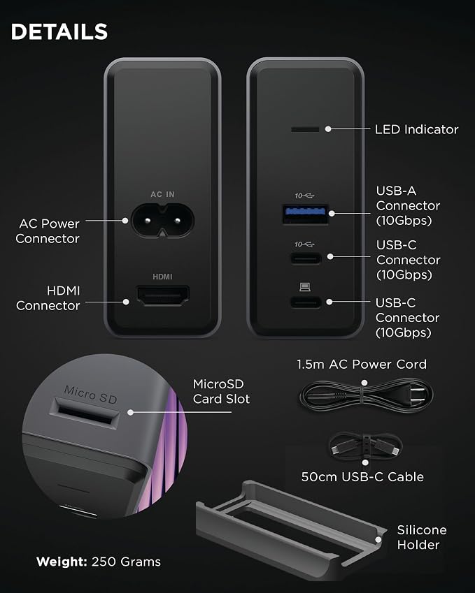 Lenovo USB-C Slim Travel Dock 8 Ports Up to 65W PD Pass Through Integrated USB-C Cable 4K Display Support Black