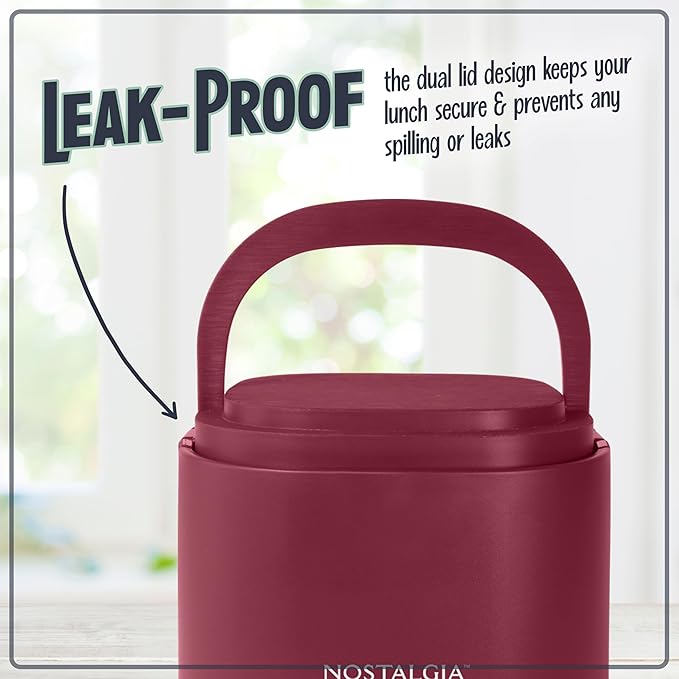 Nostalgia 20-Oz Heated Electric Lunch Box – Portable Food Warmer for Office, Travel, & Car - Perfect for Soup, Pasta, & Light Meals– Leak-Proof Lid, Foldable Handle, Detachable Cord – Cranberry