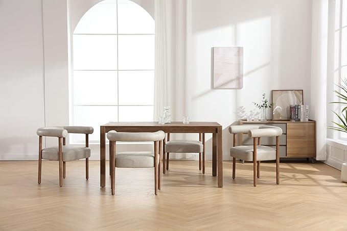 Mid-Century Modern Dining Chairs Set of 4, Armrest Barrel Dining Chairs Side Accent Chairs with Curved Back, Upholstered Wood Armchairs for Kitchen, PU Leather Grey