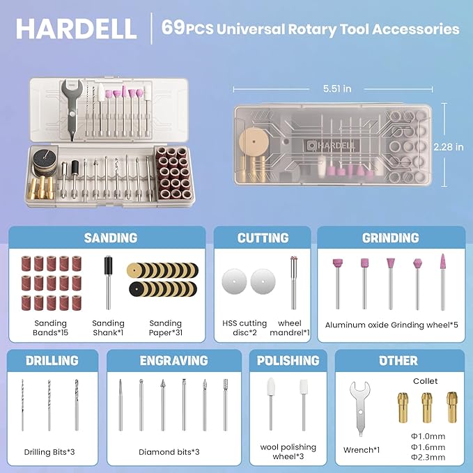 HARDELL Mini Cordless Rotary Tool, 5-Speed Rotary Tool Kit with 69 Accessories, 4V Power Rotary Tool for Cutting, Engraving, Sanding, Drilling, Polishing, Small Wood Carving tool or DIY Crafts(Pink)