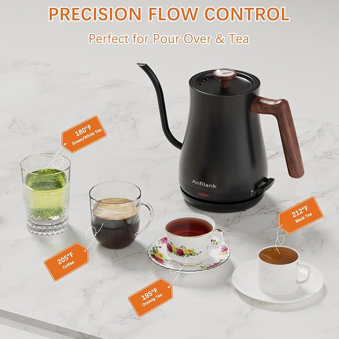 Anfilank Gooseneck Electric Kettle with Thermometer, 0.8L Small Electric Tea Kettle, 1200W Fast Heat, Precision Pour for Coffee & Tea, Auto Shut Off & Dry Boil Protection, Stainless Steel