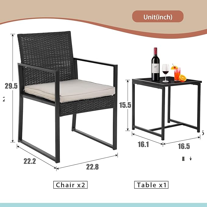 FDW | 3-Piece Patio Furniture Set | Khaki |Outdoor Wicker Furniture with Coffee Table | Modern Rattan Chairs Conversation Set | Outdoor Seating | Weather-Resistant | for Porch, Garden, Lawn