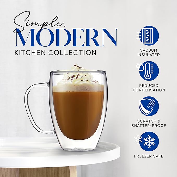 Kitchables Double Walled Glass Coffee Mugs Set of 2, 12oz - Insulated Glass Coffee Mugs for Cappuccino, Latte, Tea, Espresso - Latte Cup - Tazas Para Cafe