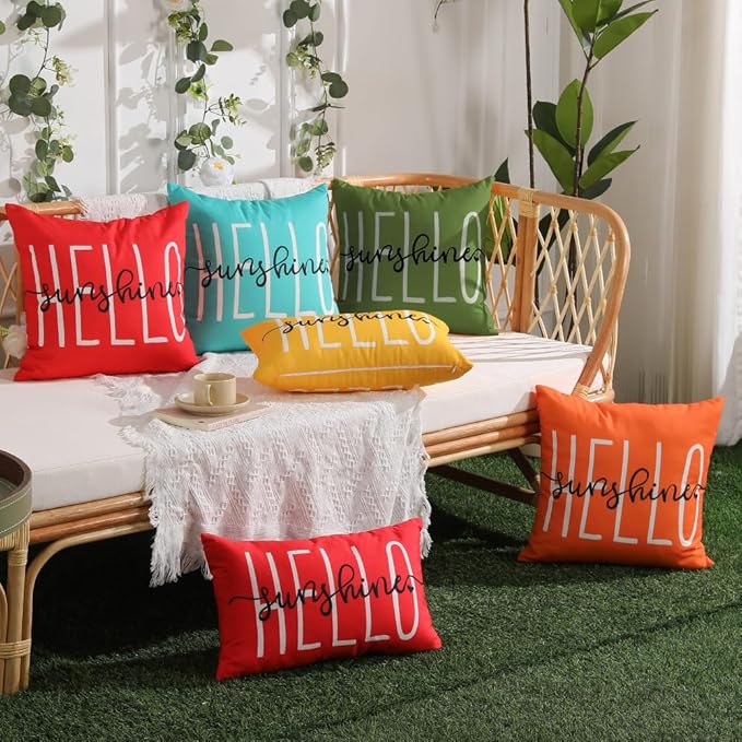 DFXSZ Outdoor Pillow Covers 18x18 Inch Set of 2 Hello Sunshine Decor Olive Green Waterproof Throw Pillow Covers Summer Outdoor Pillow Covers Decor for Patio Funiture Garden Sofa Couch 020G18