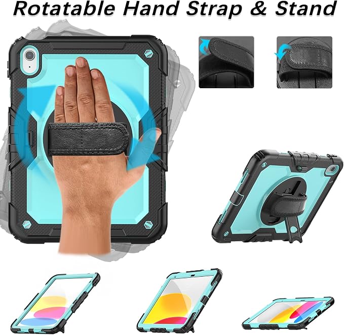 Weuiean Case for iPad A16 11th/10th Generation 11/10.9 Military-Grade Heavy-Duty Shockproof Cover with 360° Rotating Stand Built-in Pencil Holder & Adjustable Hand/Shoulder Strap - Black